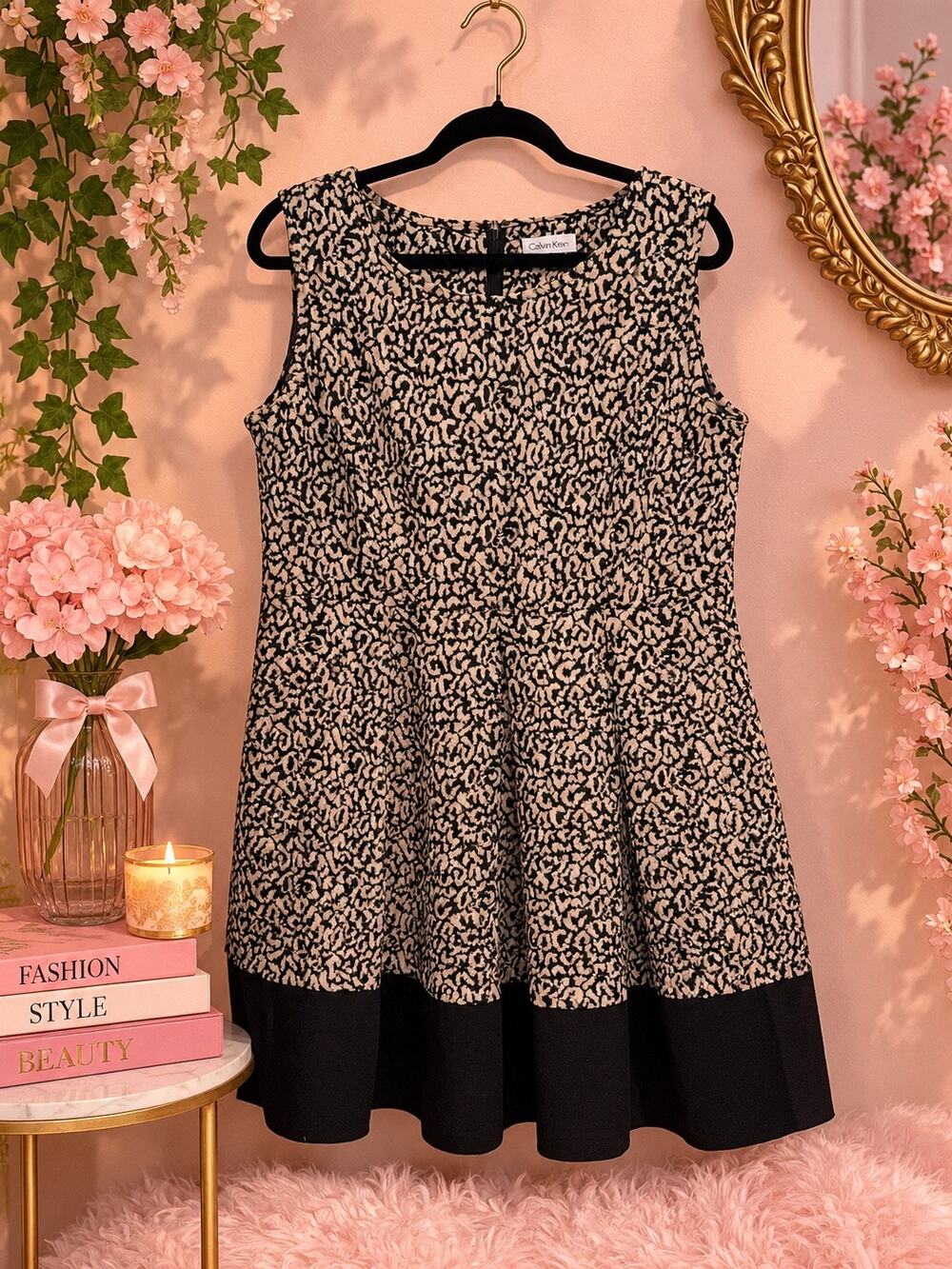 Calvin Klein Black Beige Abstract Print Sleeveless A-Line Fit & Flare Dress